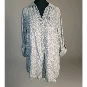Soft Surroundings Women's XL Button Down Shirt Gray Leopard Tinsel Lyocell Boho